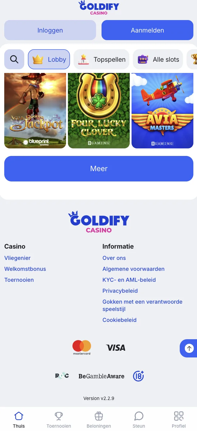 Footer van de mobiele Goldify Casino-site met betaallogo's, BeGambleAware en 18+
