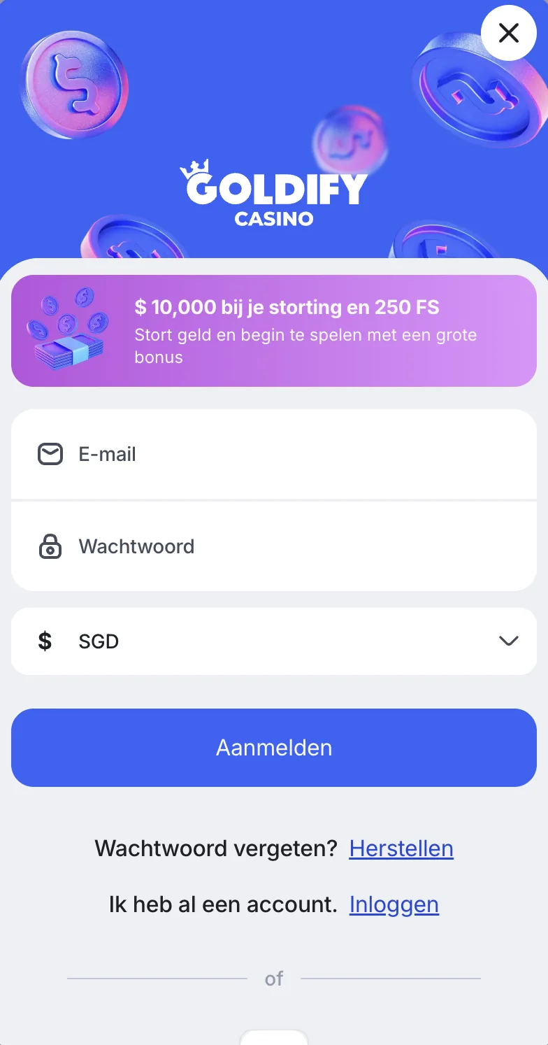 Registratieformulier van Goldify Casino met e-mail, wachtwoord en een keuze voor de valuta