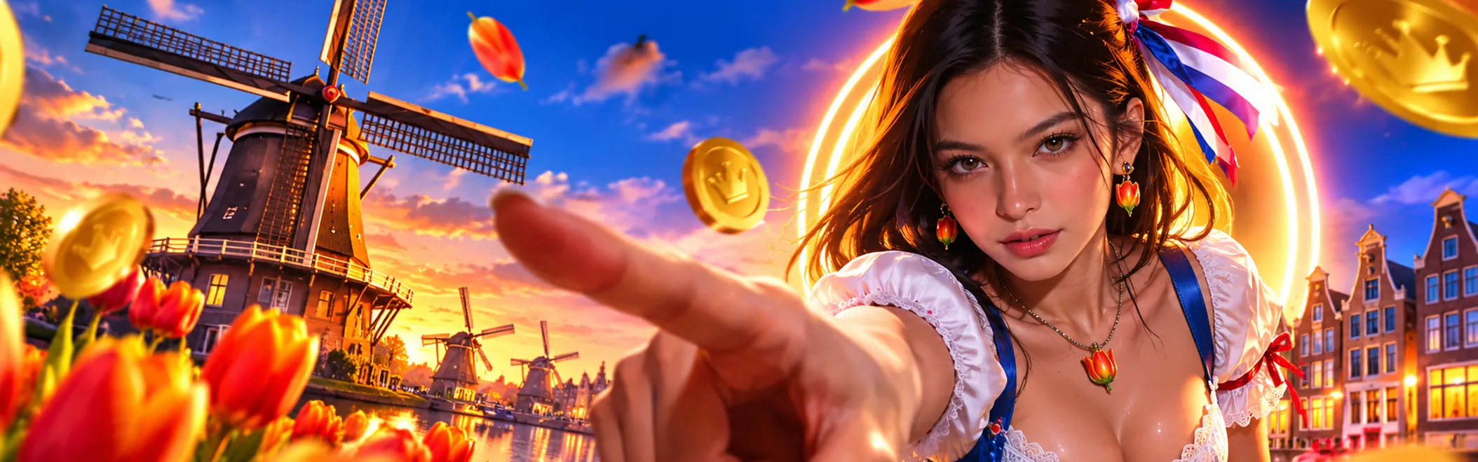 Banner van Goldify Casino Nederland met een molen, Amsterdamse grachtenpanden en gouden munten