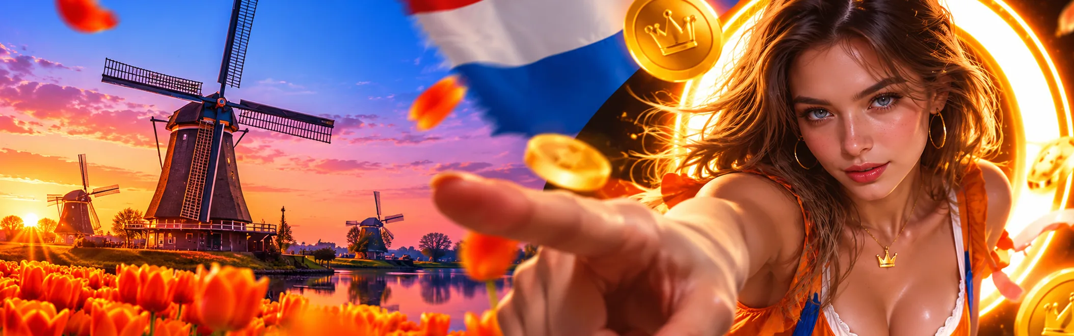 Banner van Goldify Casino Nederland met een tulpenveld, molens bij zonsondergang en de Nederlandse vlag